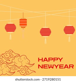 A bright yellow square graphic featuring four red paper lanterns hanging above stylized traditional cloud illustrations The warm sunny background and simple festive elements create a cheerful and welcoming atmosphere for the new year