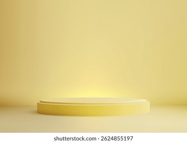 Pódio de palco amarelo brilhante contra um cenário correspondente, suavemente iluminado para um espaço de apresentação limpo e elegante. produtos mockups, vitrines, ou conceitos de eventos corporativos em um estilo moderno mínimo