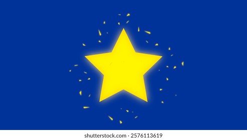 Bright Yellow Star on Blue Background with Sparkling Accent