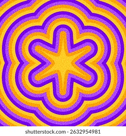 Bright yellow star surrounded by bold purple ripple contours on textured orange background. Vector illustration.