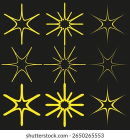 Bright yellow stars. Cartoon explosion shapes. Black background. Vector illustration.