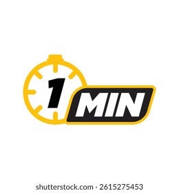 Bright Yellow Stopwatch Icon with Bold Black '1 MIN' Text - Perfect for Representing Short-Time Intervals, Quick Tasks, and Countdown Features in Digital and Print Media
