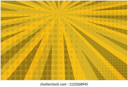 Bright yellow striped retro comic background with dotted corners. Abstract horizontal orange wallpaper with stripes and halftone pattern for comics book, advertising design, poster, print