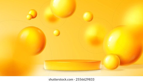 Bright yellow studio room interior scene with cylinder podium for products showcase and floating glossy shiny spheres. Realistic 3d vector composition with round platform mockup and flying balls.