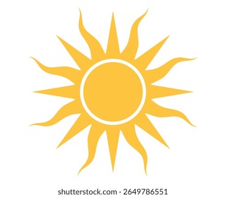 Icône de soleil stylisée jaune clair avec des rayons aigus sur fond blanc. Image d'art au clip isolée sur fond flou.