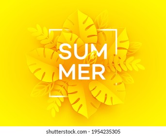 Bright yellow summer background. The inscription Summer surrounded by paper cut tropical palm leaves on a yellow background. Vector illustration EPS10