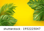 Bright yellow summer background with tropical realistic monstera and palm leaves. Background design for advertising leaflet, banner, flyer. Vector illustration EPS10