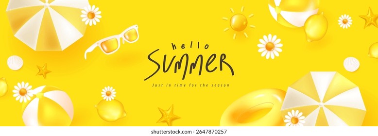 Bright yellow summer banner with beach elements like umbrellas, sunglasses, floaties, flowers and seashells. Ideal for seasonal header ads, website promotions and digital marketing.