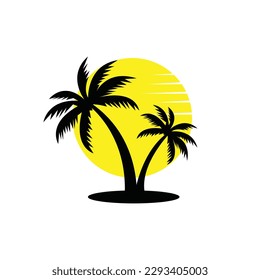 Bright yellow sun with a black tree icon vector illustrations, sun tree cartoon hand drawn icon isolated on a white background.