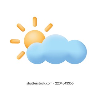 Hellgelbe Sonne und blaue Wolke Symbol einzeln auf weißem Hintergrund. Wettervorhersage 3D-Vektorgrafik.