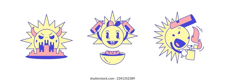 Bright yellow sun cartoon character funny comic mascot set retro 30s animation style icon vector flat illustration. Cute sunny eating angry city sunset sunrise warm heat burning summer temperature