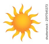 Bright yellow sun with curved rays in a stylized design isolated on a white background