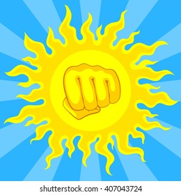 Bright yellow sun and fist in the middle, with sunrays on blue sky. Risk of sunstroke and heatstroke at hot season