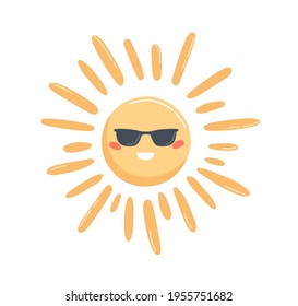 Bright yellow sun in glasses with happy face expression. Hot and clear sunny weather icon with funny smiling character. Colored flat vector illustration isolated on white background.