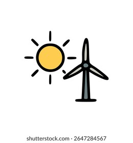 Bright Yellow Sun and Grey Wind Turbine Illustration Representing Renewable Solar and Wind Energy Sources