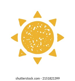 Bright yellow sun grunge texture ornamental circle with triangle arrows beams vector illustration. Shining sunny summer golden element lighting heat day weather warm climate minimalist logo