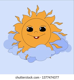 The bright yellow sun happily smiles in the sky in the clouds. Cartoon joyful character with freckles. Vector illustration of a heavenly body. Image for children's design, prints and books.