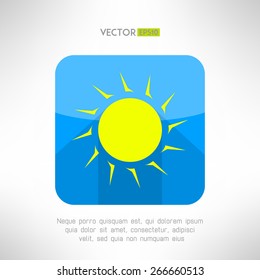Bright yellow sun icon in modern flat design. Nice weather icon with long shadow. Hot solar emblem. Vector illustration