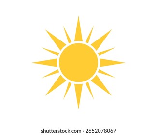 Ícone de sol amarelo brilhante com raios pontiagudos em um fundo branco limpo. Simbolizando calor, energia e positividade. Ótimo para clima, verão ou temas motivacionais.