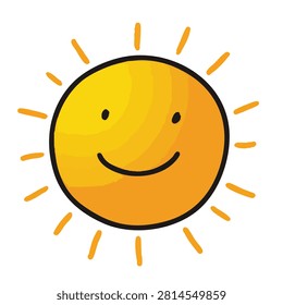 A bright yellow sun icon with a simple hand drawn style featuring a friendly smile and radiating sunbeams