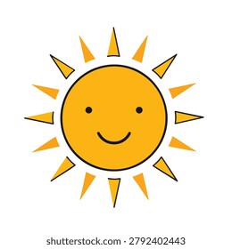 A bright yellow sun illustration featuring a simple friendly smiling face and radiating triangular sunbeams isolated on a plain background