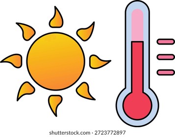 Bright yellow sun with orange rays next to a thermometer showing temperature