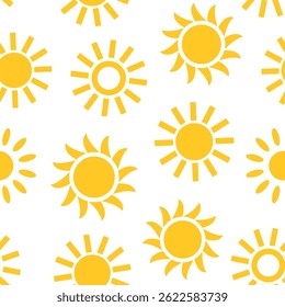 Bright yellow sun pattern on a white background perfect for summer-themed designs and decorations.