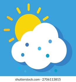 Un sol amarillo brillante se asoma desde detrás de una nube blanca esponjosa con puntos azules, colocada contra un cielo azul claro.