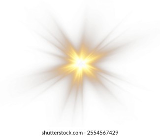 Bright yellow sun, PNG. Starburst, soft glow of rays. Starburst starburst burst with bright sparks of rays, isolated on white background. Vector illustration of abstract yellow burst.