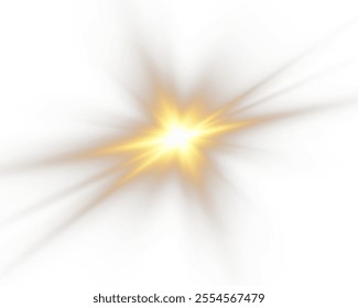 Bright yellow sun, PNG. Starburst, soft glow of rays. Starburst starburst burst with bright sparks of rays, isolated on white background. Vector illustration of abstract yellow burst.