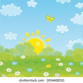 Hellgelbe Sonne, die sich über ein hübsches grünes Feld mit bunten Wildblumen erhebt, und ein leichter Schmetterling in einem schönen Sommermorgen, Vektorgrafik