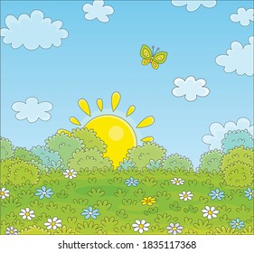 Hellgelbe Sonne, die sich über ein hübsches grünes Feld mit bunten Wildblumen erhebt, und ein leichter Schmetterling in einem schönen Sommermorgen, Vektorgrafik