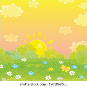 Hellgelbe Sonnenuntergang auf einem hübschen, grünen Feld mit bunten Wildblumen und einem leichten Schmetterling an einem schönen, warmen Abend, Vektorgrafik