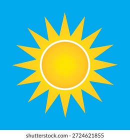Ícone de vetor do sol amarelo brilhante no fundo azul. Símbolo de sol de verão com raios. Ilustração brilhante estrela solar para previsão do tempo, logotipo ou design de férias. Estilo simples de desenho animado plano.