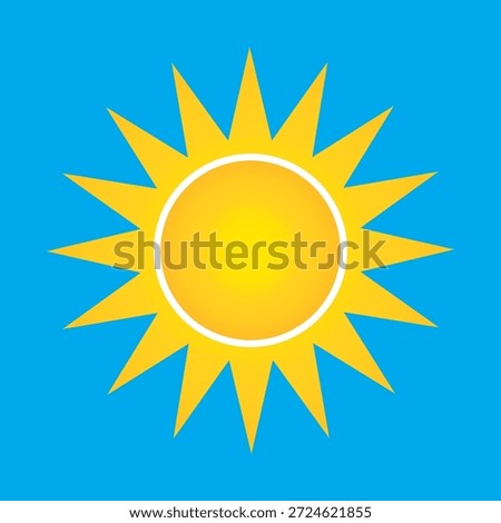 Bright yellow sun vector icon on blue background. Summer sunshine symbol with rays. Shiny solar star illustration for weather forecast, logo or vacation design. Simple flat cartoon style.