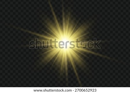 A bright yellow sunburst light effect with an intense radial flash, featuring an abstract illumination design in png, vector.