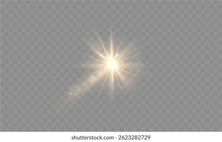 Heldere gele zonnestraal met sprankelende gloed en zachte flare, realistisch zonlicht effect in PNG voor gebruik in de zomer achtergronden, hemel scènes, of magische licht illustraties