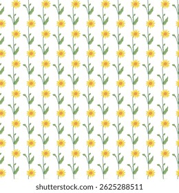 Bright yellow sunflowers arranged in a repeating vertical pattern create a cheerful and vibrant design, perfect for use in textiles, wallpapers, or decoration projects.