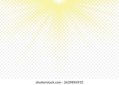 Bright yellow sunlight rays with soft glow from the top on transparent background