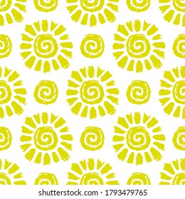 Bright yellow suns isolated on white background. Cute summer seamless pattern. Vector flat graphic hand drawn illustration. Texture.