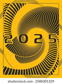 A bright yellow surface adorned with a black and white graphic poster showcasing the year 2025 in a stylish manner	
