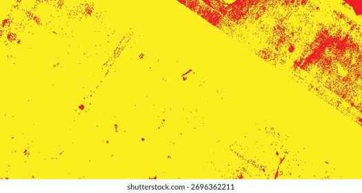 A bright yellow surface is covered with scattered red abstract shapes resembling paint splatters and rough brush strokes.