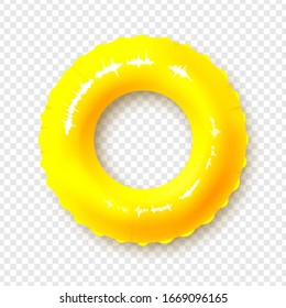 Bright yellow swimming circle. Realistic summer illustration. Inflatable rubber toy for child safety.Lifebuoy. View from above. Isolated on transparent background. Vector illustration