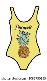 Bright yellow swimsuit with pineapple. Vector illustration.  Beautiful summer cards. Illustration for posters and t-shirts. 