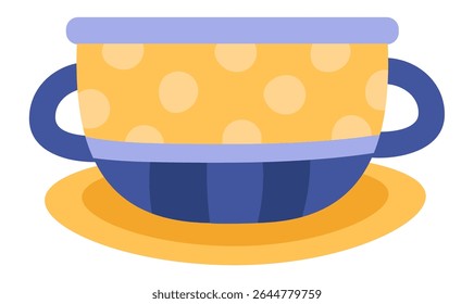 Bright yellow teacup adorned with large polka dots and cheerful blue handles resting on a matching saucer, eagerly awaiting a delicious hot beverage to bring warmth and comfort