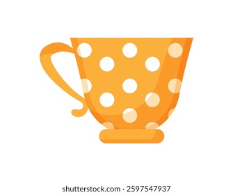 Bright yellow teacup with white polka dots, representing traditional Russian kitchenware, isolated on white background.