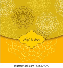 Bright yellow template with colorful mandalas and frame in the center. Could be used for invitations and other products.