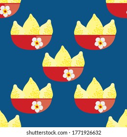 Limones vectoriales de color amarillo brillante en tazones florales rojos. Fondo de patrón impecable. Diseño de cítricos con un solo motivo sobre fondo azul marino. Repetición geométrica a mano para cocina, menú, embalaje