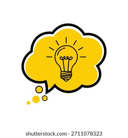 Icono de burbuja de pensamiento amarillo brillante con un símbolo de bombilla dibujada a mano en el interior, que representa una nueva idea o innovación