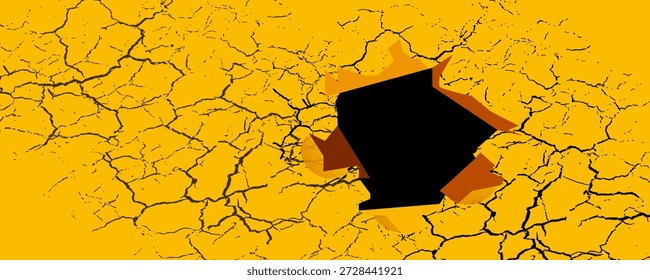 Papel rasgado amarelo brilhante dentro de um buraco negro em um buraco. Faixa